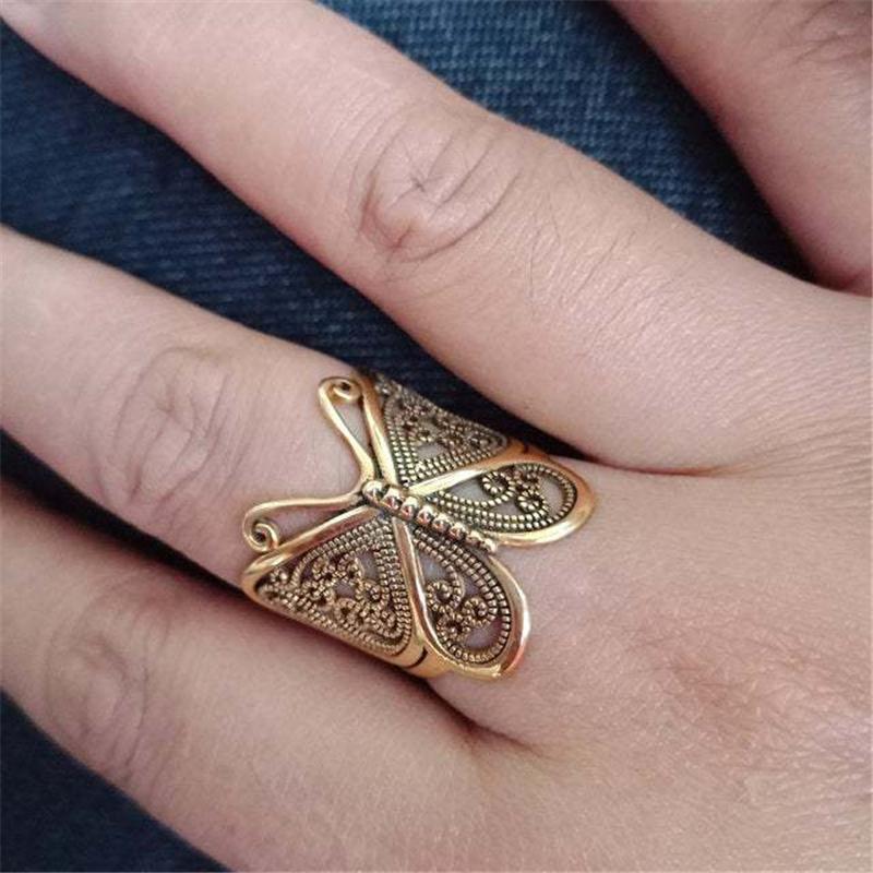 Antique Gold Silver Color Hollow Butterfly Opening Adjustable Ring For Women  Charming Bohemian Jewelry Gift