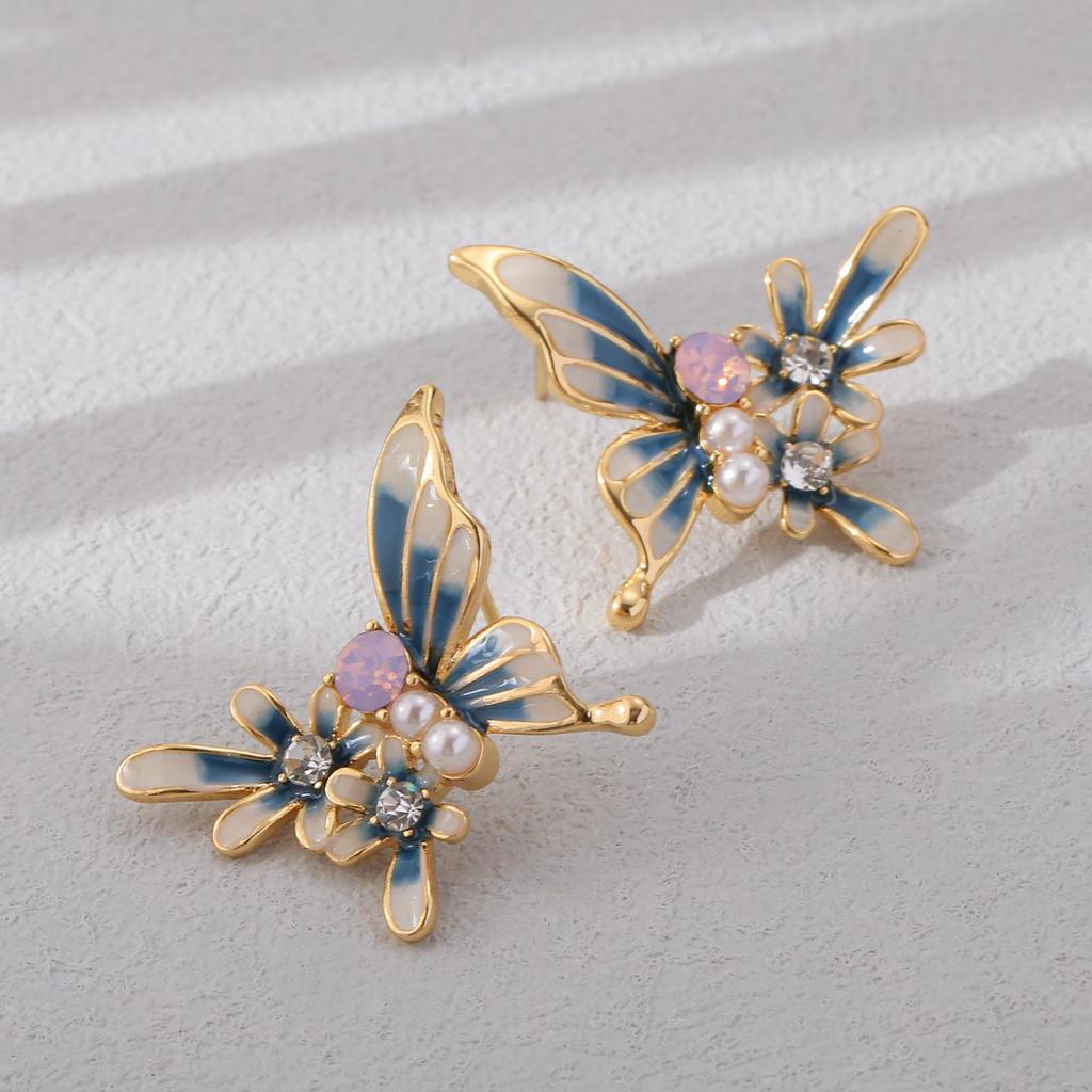 Copper Gold-Plated Enamel Butterfly Flower Cubic Zirconia Stud Earrings Vintage Style