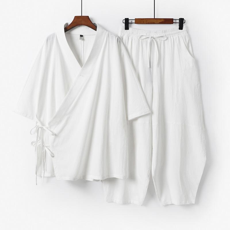 Большие размеры S-9XL Мужской японский кардиган-кимоно Комплект брюк Хлопок Лен Костюм самурая Харадзюку Свободная куртка Костюм