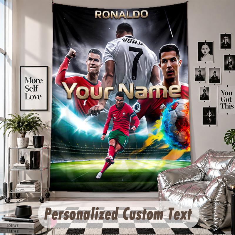 Wall Hanging Tapestry With Custom Name & Text, Cristiano Ronaldo Decorative Tapestry For Bedroom