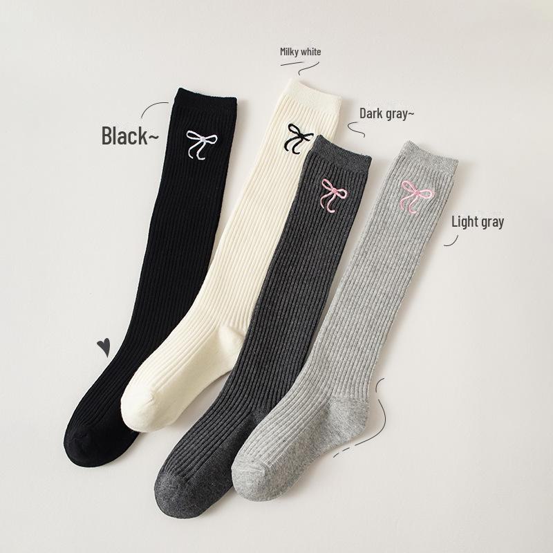 Kids' Over-the-Knee Cotton Socks with Double Needle Embroidery - JK Lolita Style for Spring, Autumn & Winter