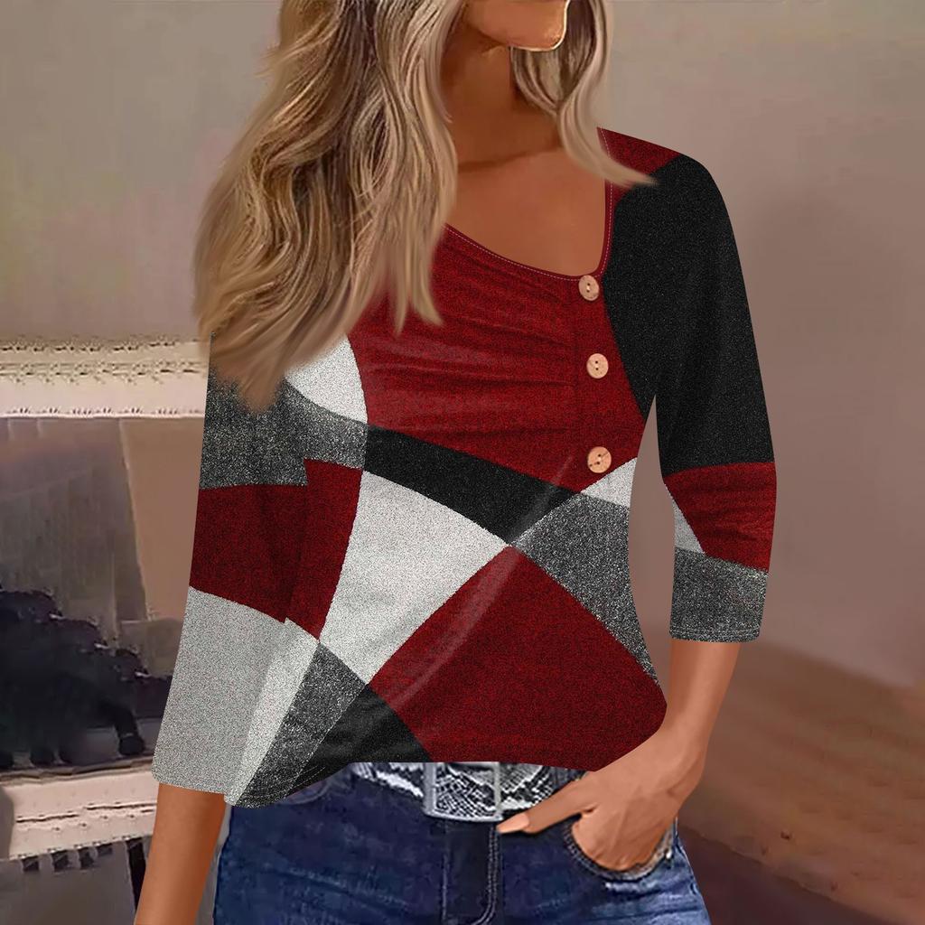 Women's T Shirt Tee Print Button 3/4 Sleeve Daily Weekend Fashion Basic Regular Top