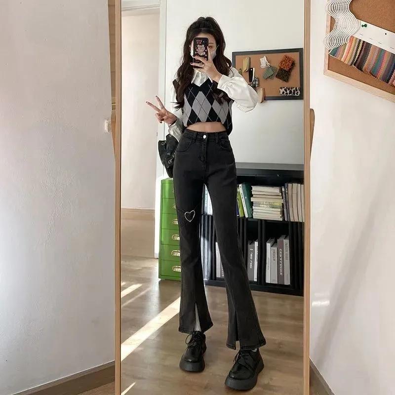 Джинсы для женщин, винтажные серые джинсовые брюки-клеш, уличная одежда, тонкие брюки для мам с высокой талией, брюки Harajuku Y2k