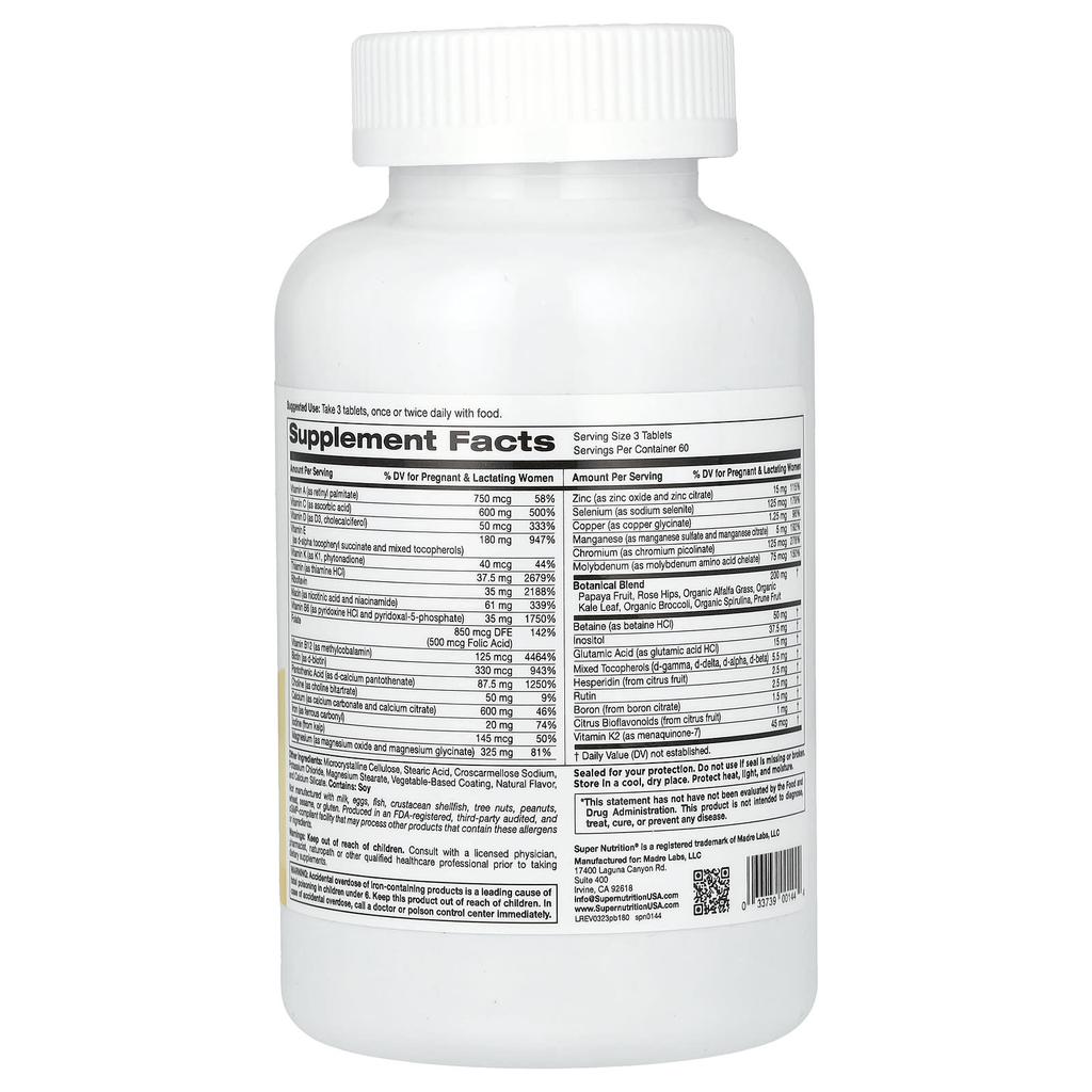 Super Nutrition Prenatal Blend, Multivitamin with Folic Acid and Choline, 180 Tablets