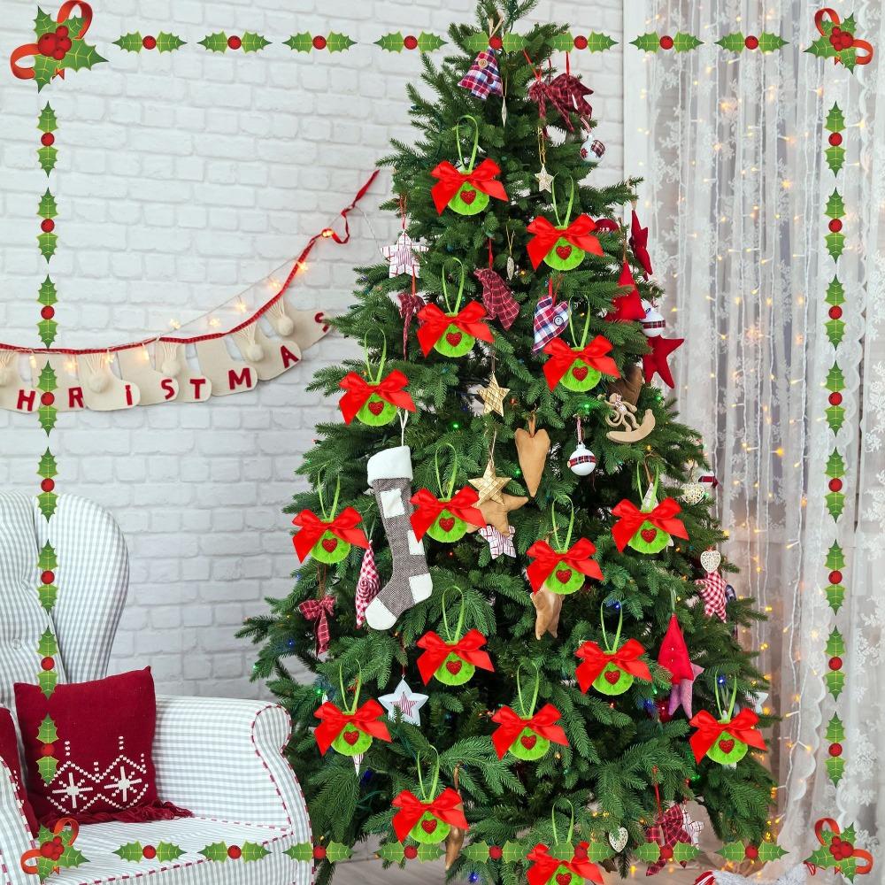 12Pcs Furry Christmas Green Elf Ball Soft DIY Green Christmas Balls 6cm with Bow and Heart Christmas Tree Hanging Decoration