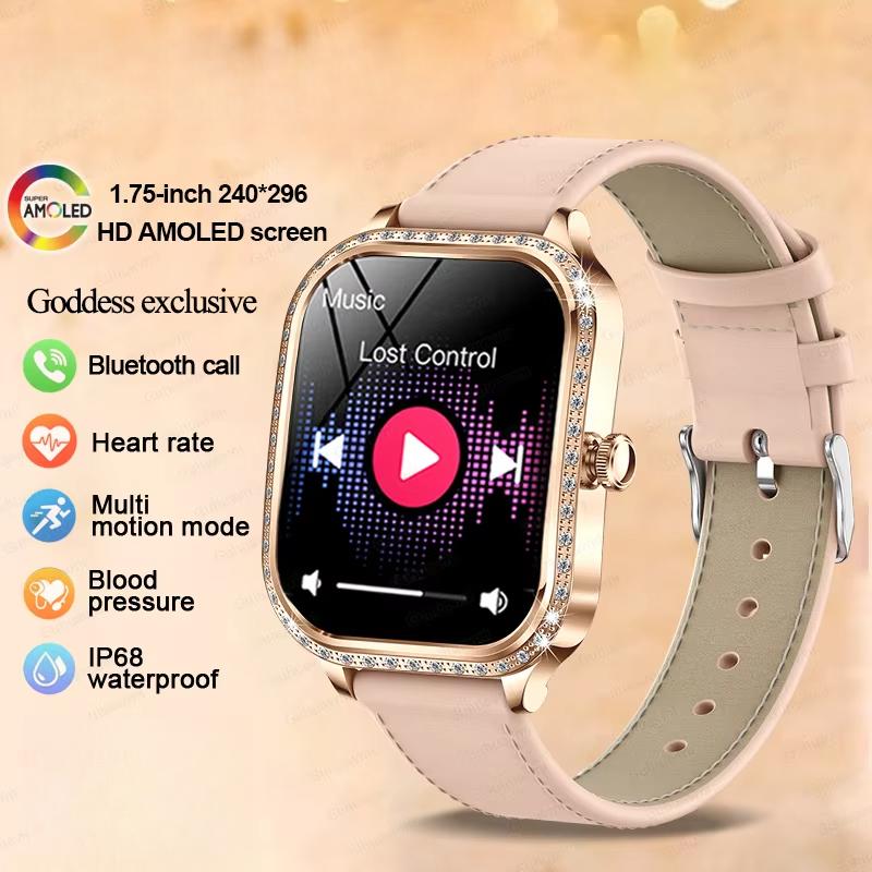 Fashion New Women Smart Watch AMOLED Curved Screen IP68 Waterproof Voice Bluetooth Call Heart Rate Blood Pressure Monitor Health Smartwatch