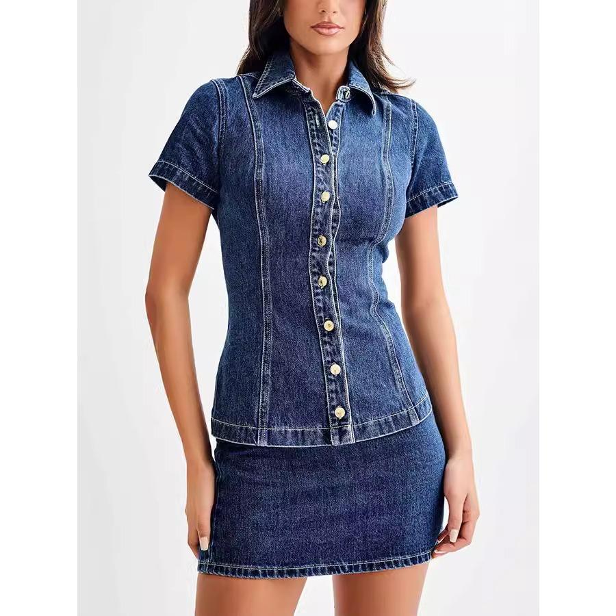 IHUASU Женский комплект из джинсовой ткани в современном стиле с короткими рукавами, застежкой на пуговицы и высокой талией, с короткой юбкой