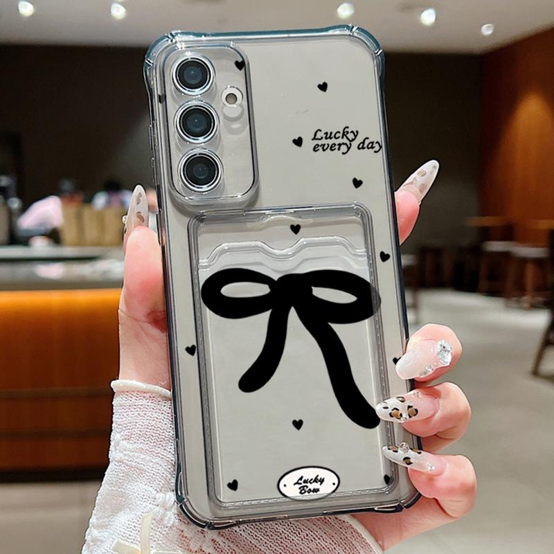 Черный чехол с бантом и слотом для карт, ударопрочный прозрачный чехол для Samsung S25 S24 FE S23 Ultra S22 A56 A36 A55 A16 A06 A15 A26, тонкий, мягкий, силиконовый чехол для телефона