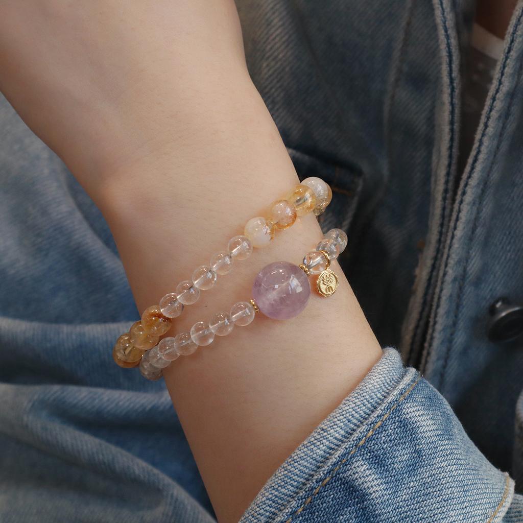 New Chinese-Style Retro Tungsten Beaded Bracelet Yellow Quartz Amethyst Ice Crystal-Women's Gift for Party Occasions