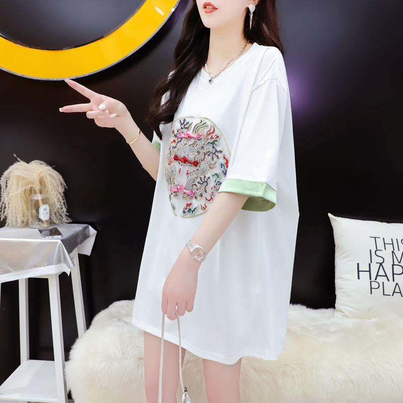 Женская футболка с короткими рукавами и китайской вышивкой, женский летний свободный топ для показа мод, тонкий топ с принтом мяса