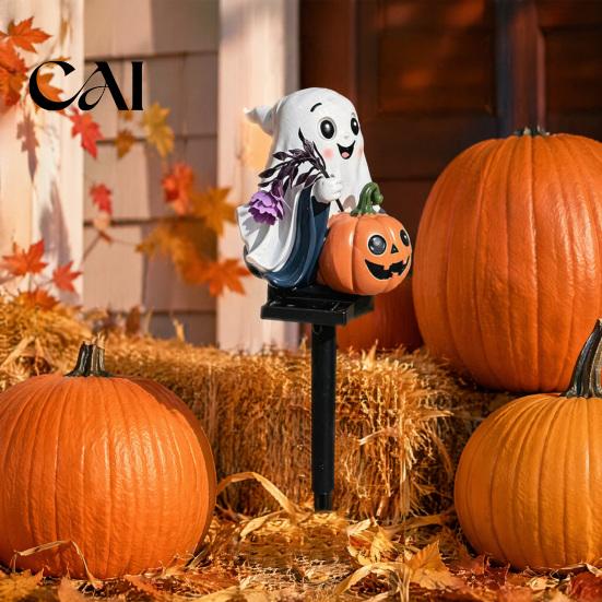 Resin Ghost Pumpkin Figurine Solar Stake Light, LED Auto Light Sensor Outdoor Garden Lamp, Waterproof Powered Walkway Lighting Decorative Ground