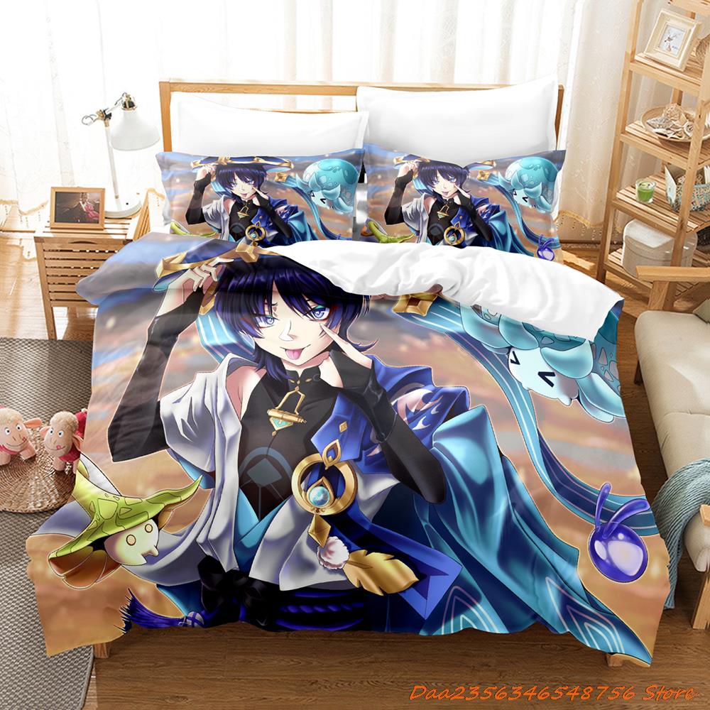 Comforter Game Genshin Impact Scaramouche Bedding Set Cartoon Anime Three-Piece Set Adult Kid Bedroom s 3D Kawaii