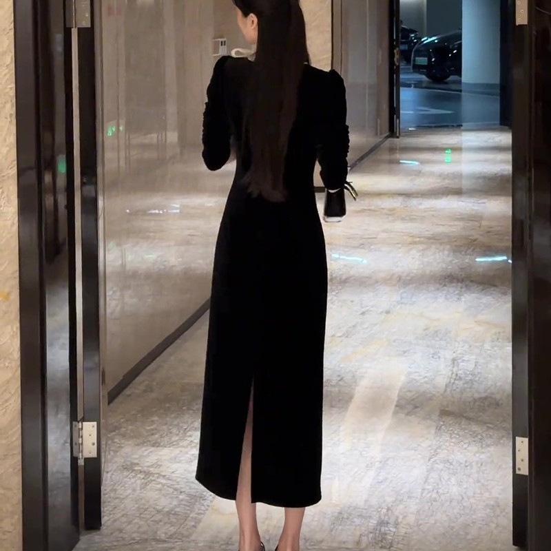 Coffee Break French Bow Celebrity Dress Women's Wear Autumn and Winter Hepburn Style Velvet Inside with Base Beautiful Long Skirt