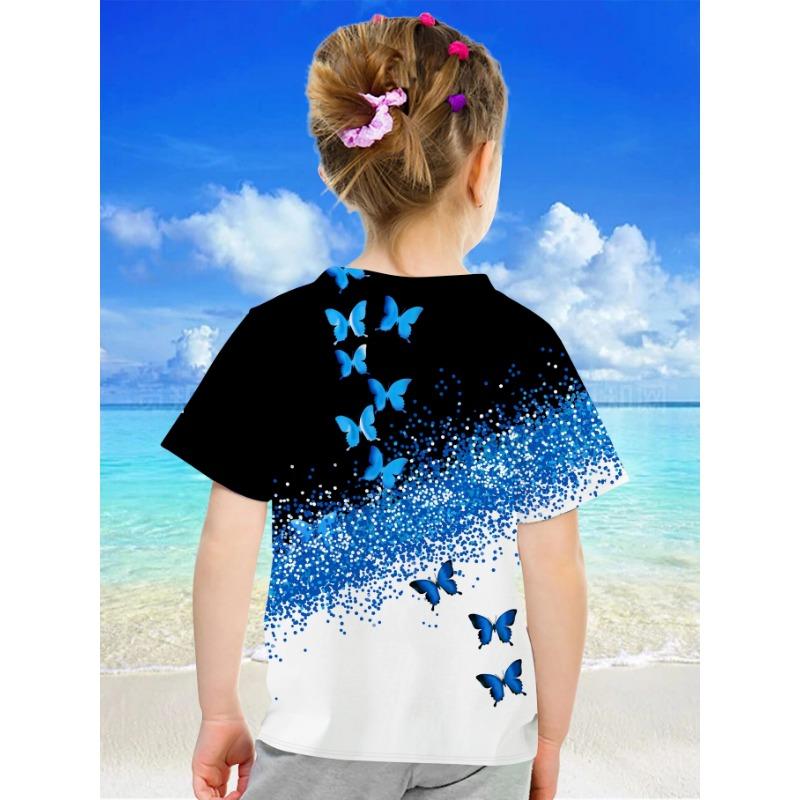 Детская одежда Одежда для девочек Футболка с коротким рукавом для девочек Милая бабочка с принтом Kawaii Круглый вырез для девочек Летняя детская одежда