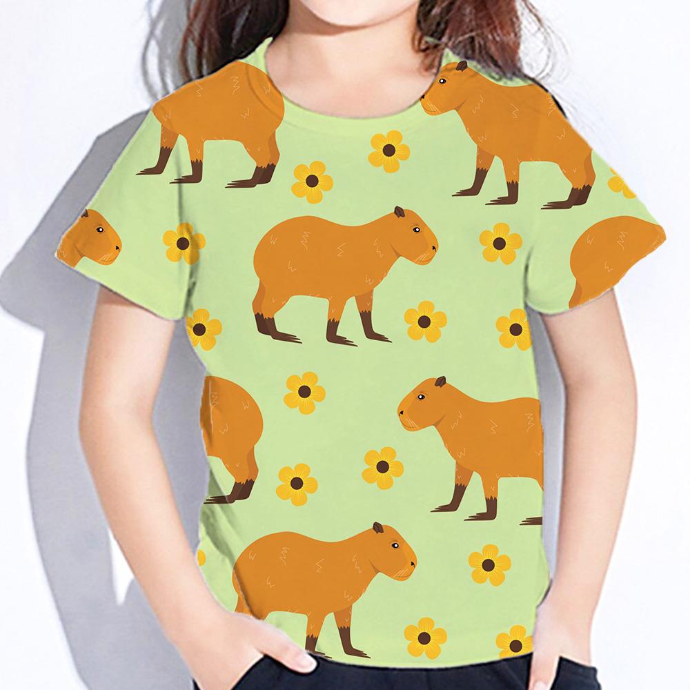 Детская одежда с принтом капибары, футболка для девочек с коротким рукавом, летняя одежда для детей с героями мультфильмов, повседневная одежда для девочек на открытом воздухе, топы