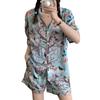 Women Pajama Set Spring Summer 2 Piece Bird Print Pyjama Pocket Faux Silk Satin Sleepwear Short Sleeve Pijama Mujer Pjs Homewear