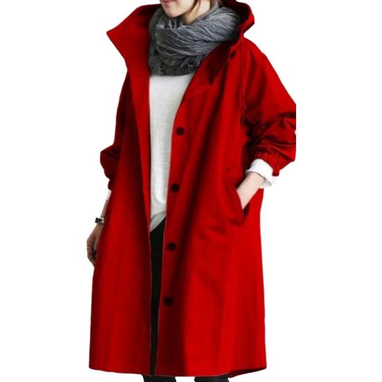 Женская ветровка с капюшоном, застегивающаяся на пуговицы, свободное однотонное пальто с длинными рукавами, длиной до колена, с карманами, ветрозащитная женская куртка с узкой талией