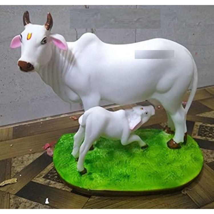 Handicraft Decorative Polystone Cow and Calf Big Statue/Idol for Gift Home Decor 7 Inch (Marble Cow), White