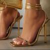 Fashion 2025 New Women Heels Sexy Gold High Heels Sandals Thin Single Strap Metal Stiletto Sandals Gold Heel Shoes