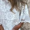 Женские топы с круглым вырезом и рукавами 3/4, белая блузка с цветочным кружевом, однотонная, свободного кроя, повседневная рубашка для вечеринок, клубов, летняя блузка