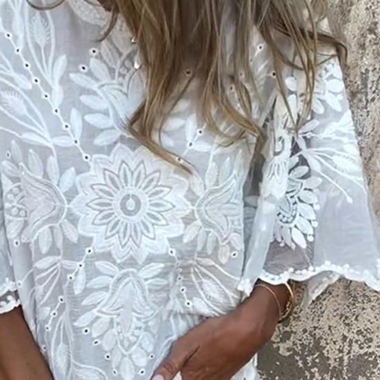 Женские топы с круглым вырезом и рукавами 3/4, белая блузка с цветочным кружевом, однотонная, свободного кроя, повседневная рубашка для вечеринок, клубов, летняя блузка
