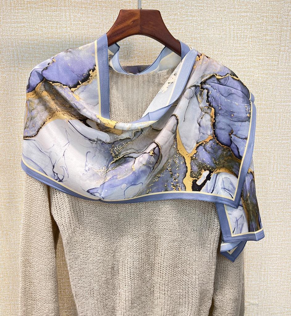 Blue Gilt Double Crepe Silk! Mulberry Silk Silk Scarf For Women'S Spring And Summer Temperament With Decorative Scarf Streamer