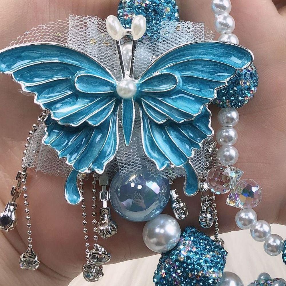 Glitter Butterfly Key Chain Double Layer Beads Bag Pendant Rhinestone Phone Chain  Backpack Pendant