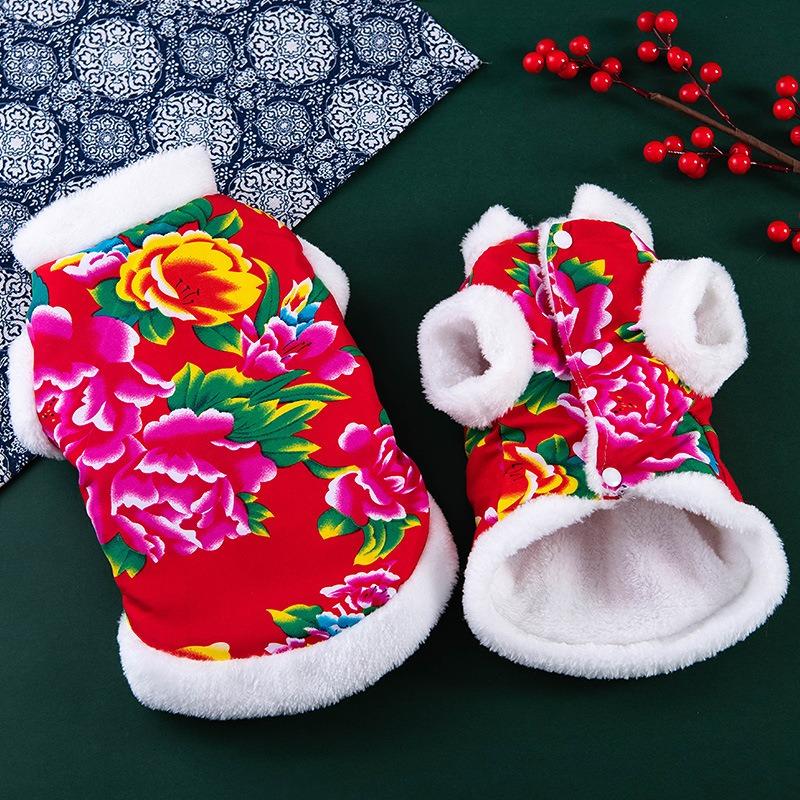 Осенне-зимняя одежда для собак, утолщенная, теплая, с подкладкой из бархата, цветочная куртка, для собак породы тедди, маленьких собак, кошек, питомцев, рождественские party-костюмы, китайский жилет для питомцев