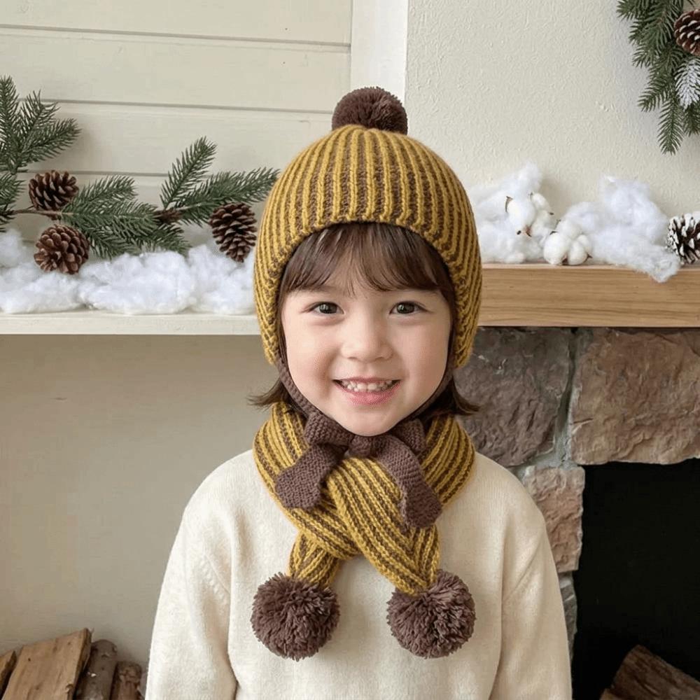 Stripe Children Scarf Hat Set Fur Ball Warm Knitted Cap Comfortable Wool Beanie Hat Baby