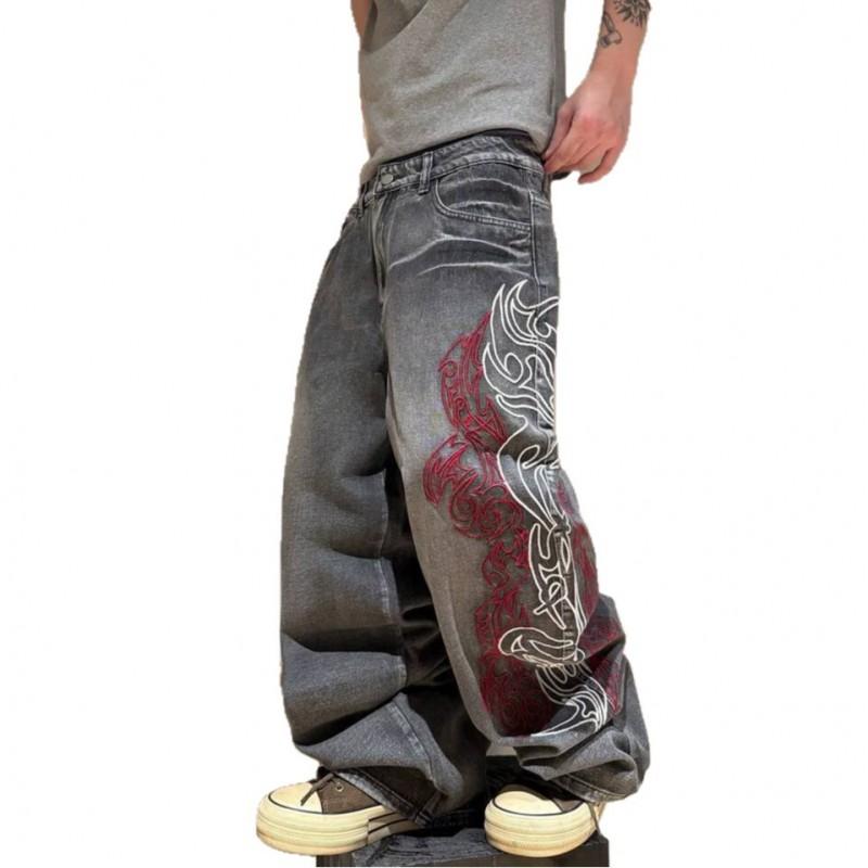 2026 Mens Loose Straight Cut Embroidered Hip Hop Jeans - High Waist Casual Denim Pants Streetwear