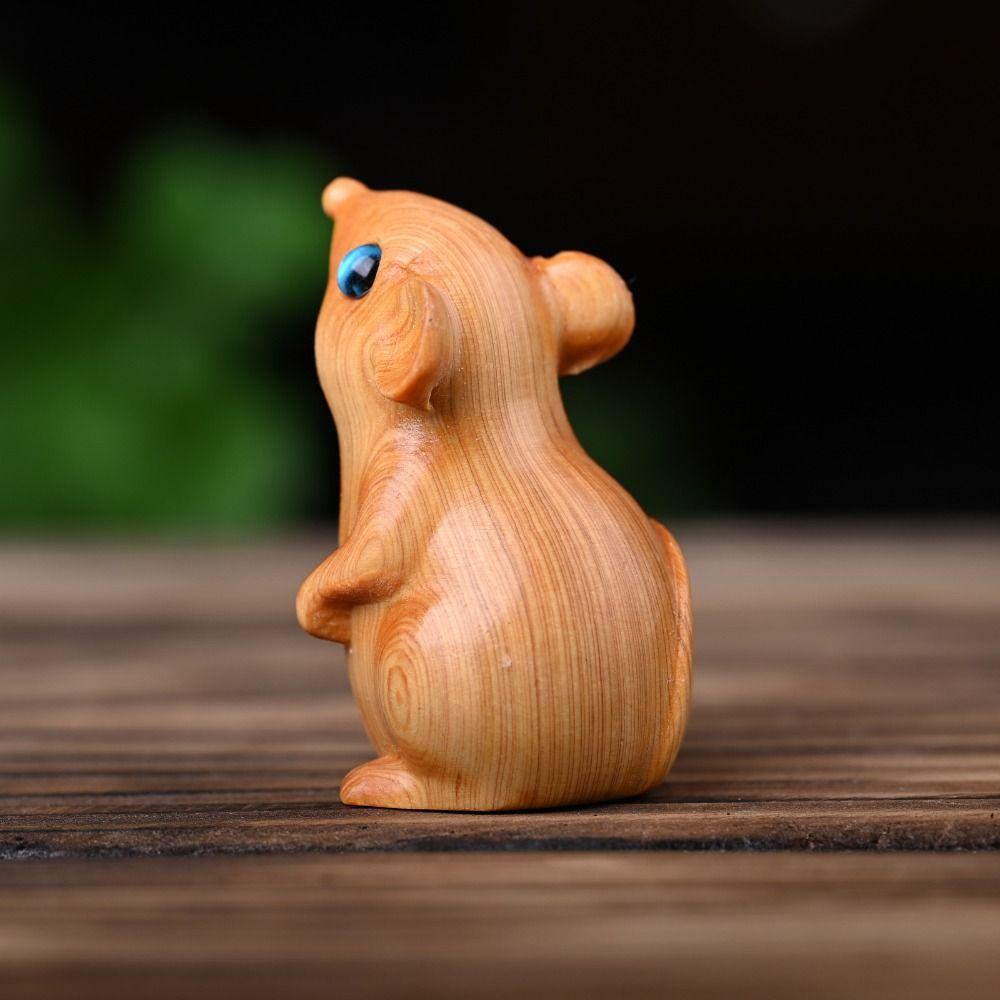 Wood Carved Zodiac Mouse Statuette Cute Animal Figurine Sculpture Crafts Hamster Statue Cabinet