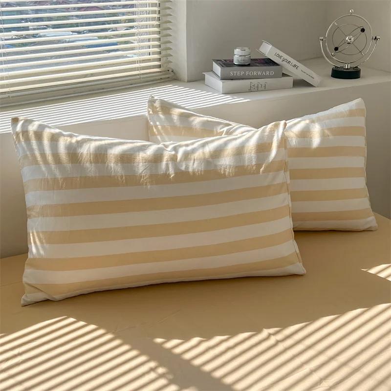 Washed Cotton Double Yarn Crepe Striped Quilt Set 3-4 Pillowcase with Sheet Bedding Cover Supplies 200x230 220x240 Skin Friendly