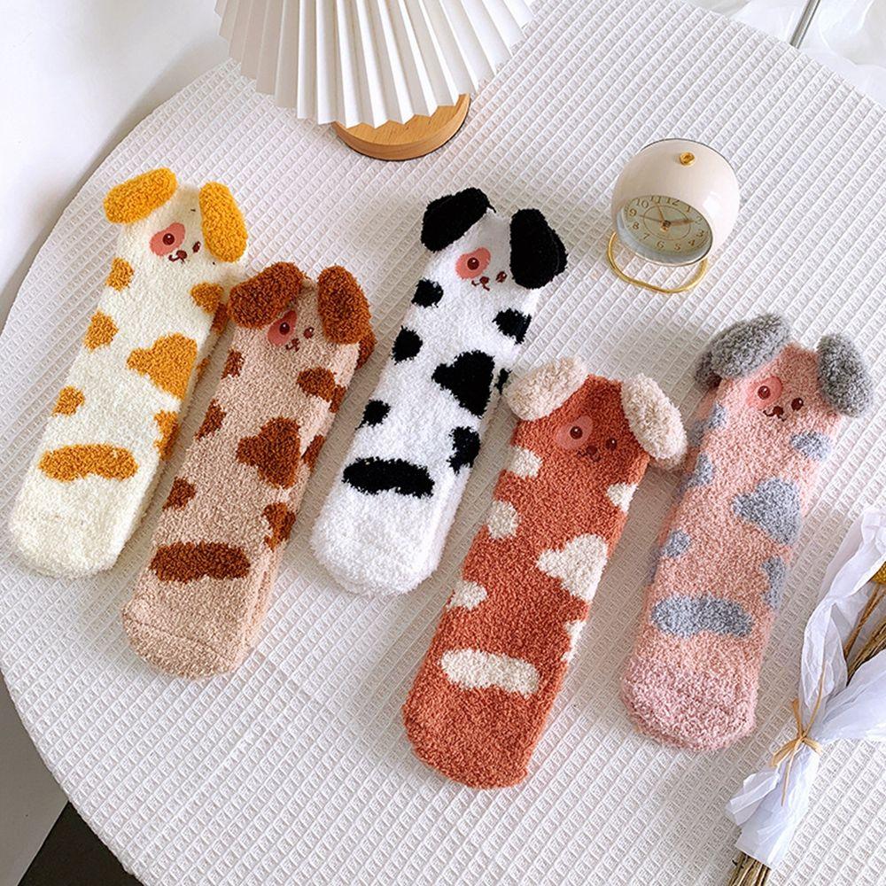 Ears Coral Fleece Plush Dog Girls Cute Floor Socks Christmas Socks Female Hosiery Mid-tube Socks