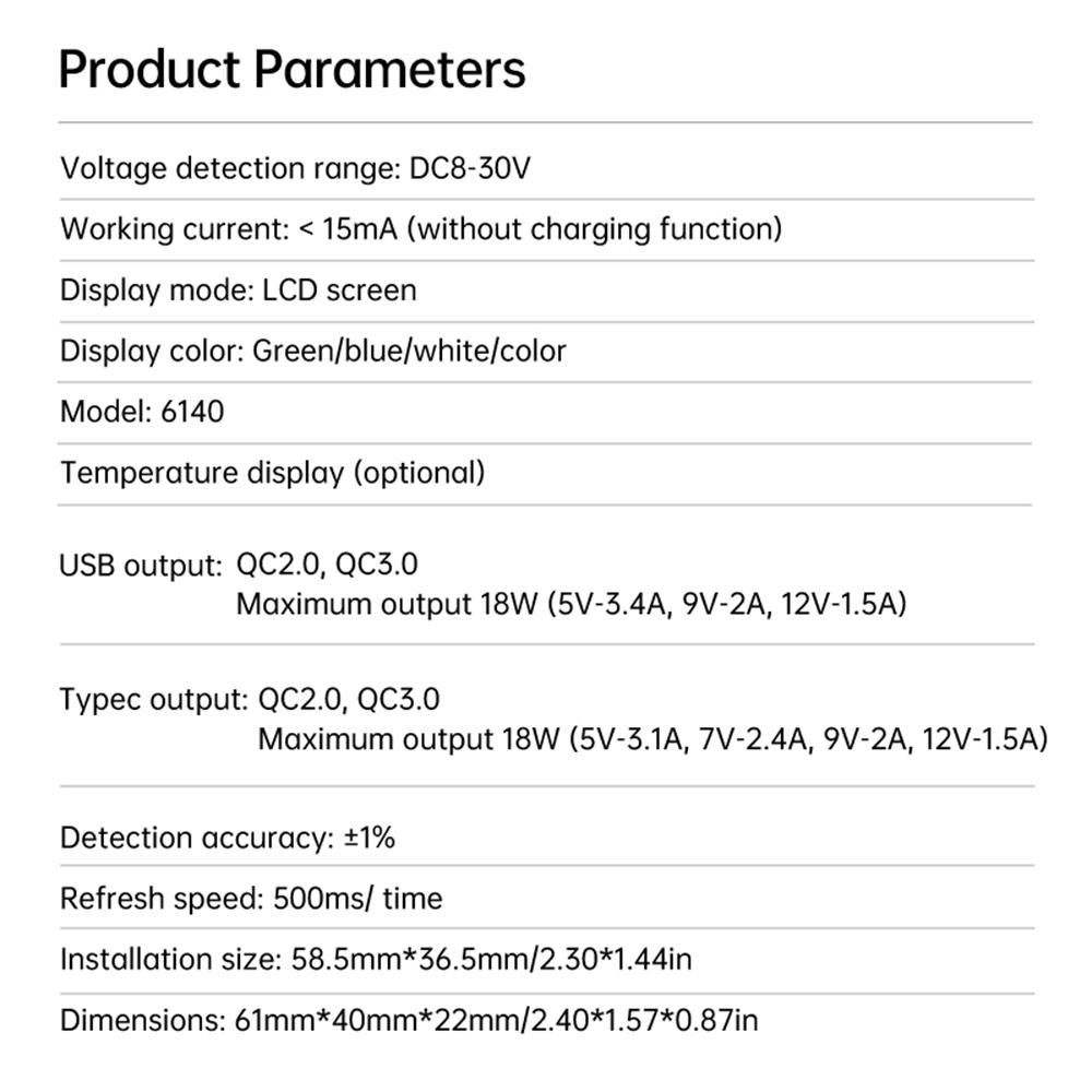 DC8-30V Battery Capacity Indicator Car Motorcycle Digital Voltmeter Voltage Tester Meter Tool  USB3.0/Tpye-C Output for Car