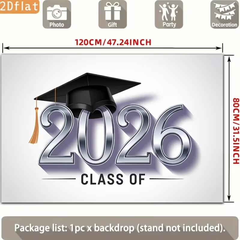 2D Class of 2026 Graduation Photography Backdrop Silver Metallic Number & Cap Party Background