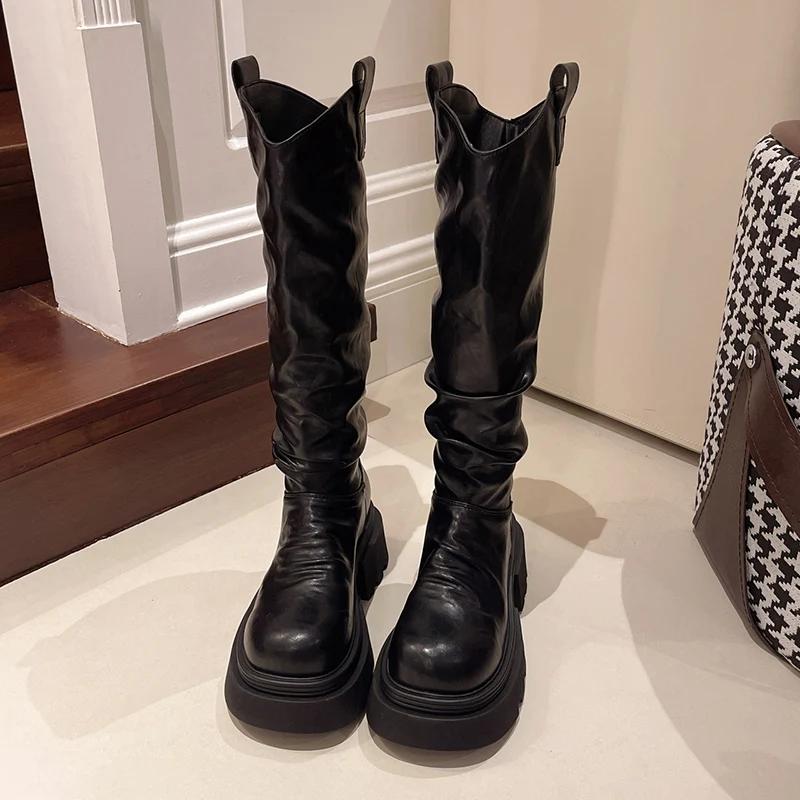 Зимние женские ботфорты из короткого плюша, модные слипоны, рыцарские длинные ботильоны, женские повседневные ботинки на платформе и каблуке, женские боты