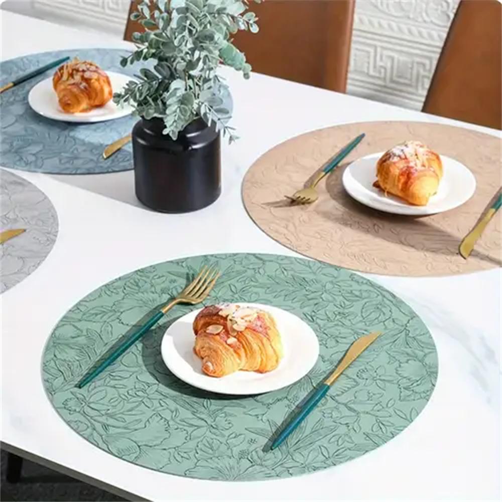 Round Floral Leather Place Mats 34cm, Heat Resistant Non-Slip Washable, Dual-Sided Two-Color Kitchen Coffee Table Mats for Home
