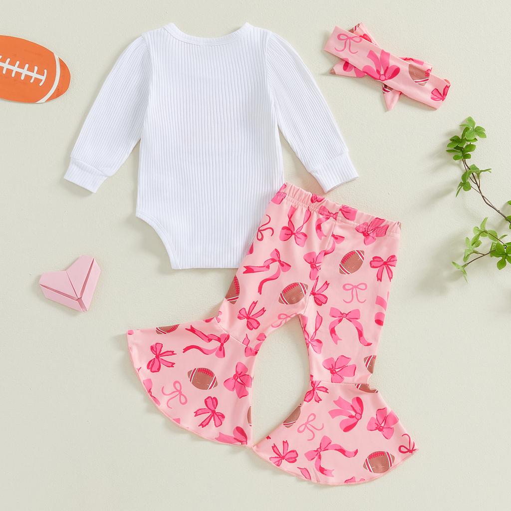Осенний комплект одежды для девочек, комбинезон с длинными рукавами и принтом букв, расклешенные брюки регби с бантом и повязка на голову