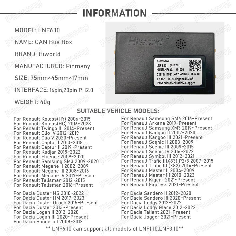Car Radio CAN Bus Adapter Hiworld LNF6 for Renault Clio Kadjar Megane Talisman Arkana Kangoo Scenic Trafic Master Kiger Taliant