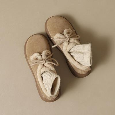 Женские замшевые туфли на шнуровке в стиле ретро на толстой подошве с бархатной подкладкой для зимнего тепла