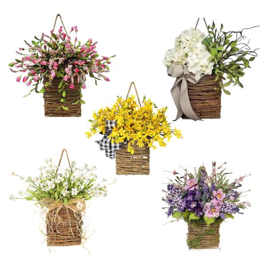 Door Hanger Basket Wreath Spring Summer Artificial Flowers in Wicker Basket for Front Door Rustic Rattan Hanging Basket Wreath for Home Porch Entryway