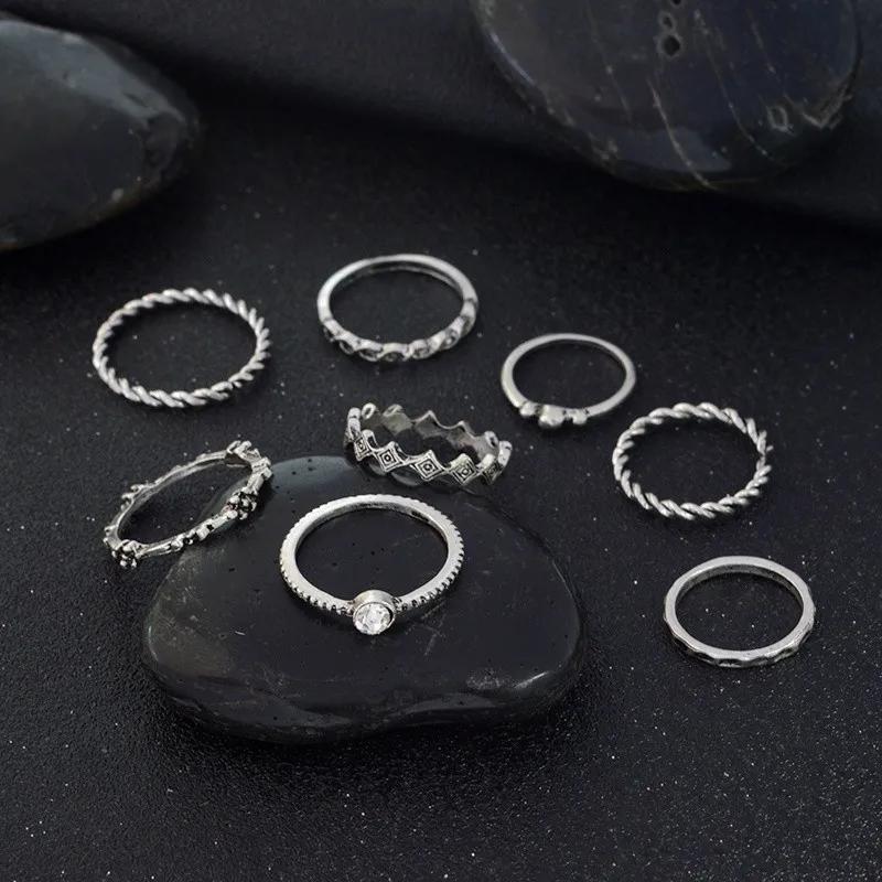 8pcs/set Fashion Bohemia Dainty Twist Thin Band Silver Color Stacking Ring Gift Jewelry Ring Set
