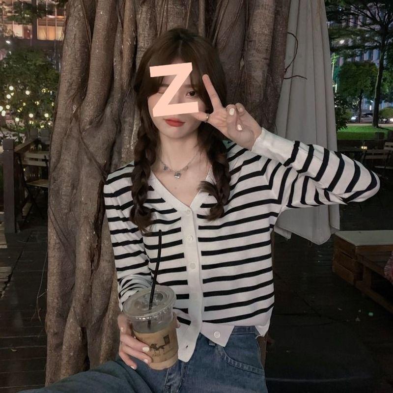 Women's V-Neck Striped Knit Cardigan, Long Sleeve, Lightweight, for Spring/Autumn 2026