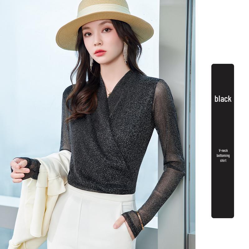 Блузка с V-образным вырезом из люрексовой сетки с длинными рукавами - Женская приталенная модель для весны/осени