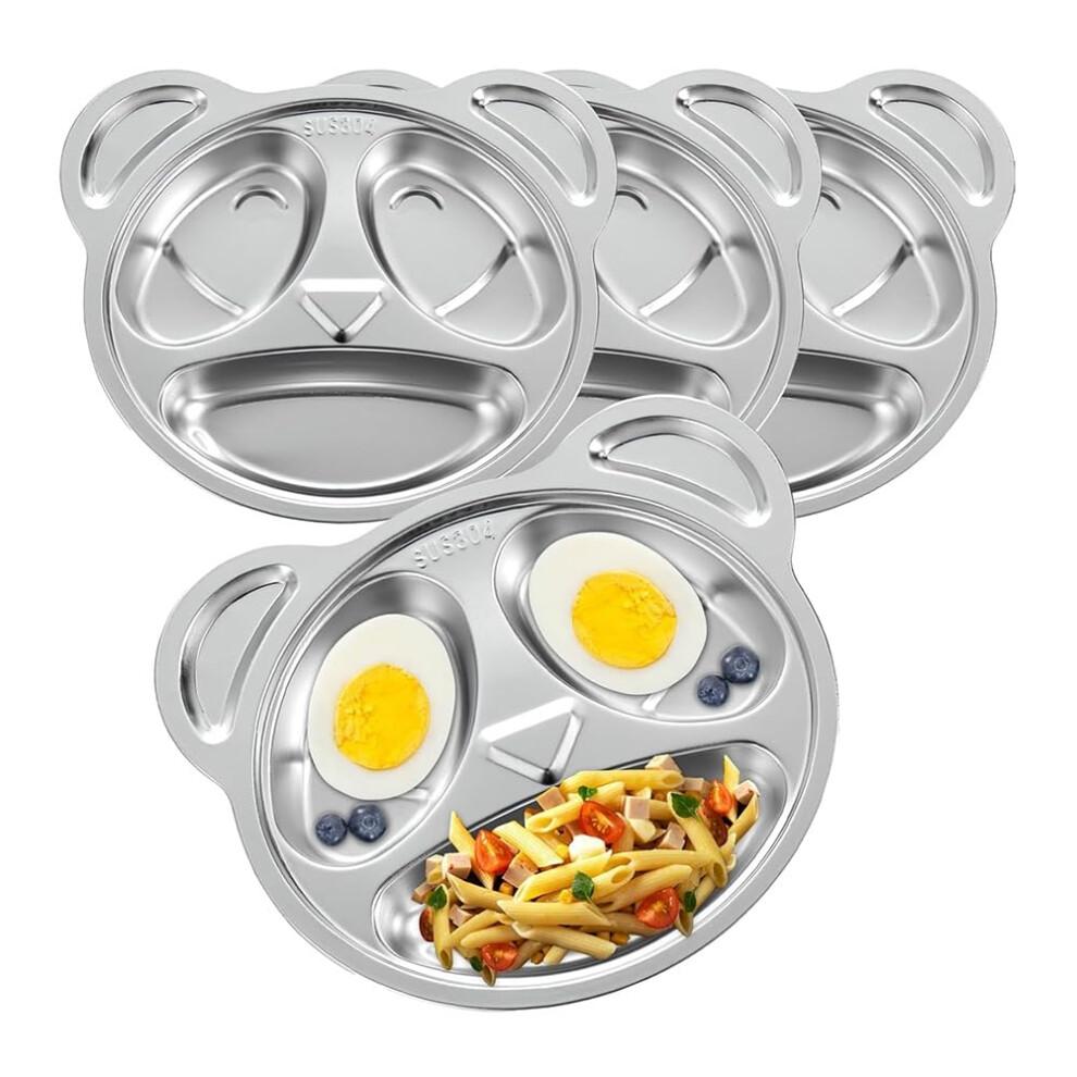 Divided Stainless Steel Plates for Adults and Children, Split Design, Durable, Easy to Clean, 3-Compartment Plates