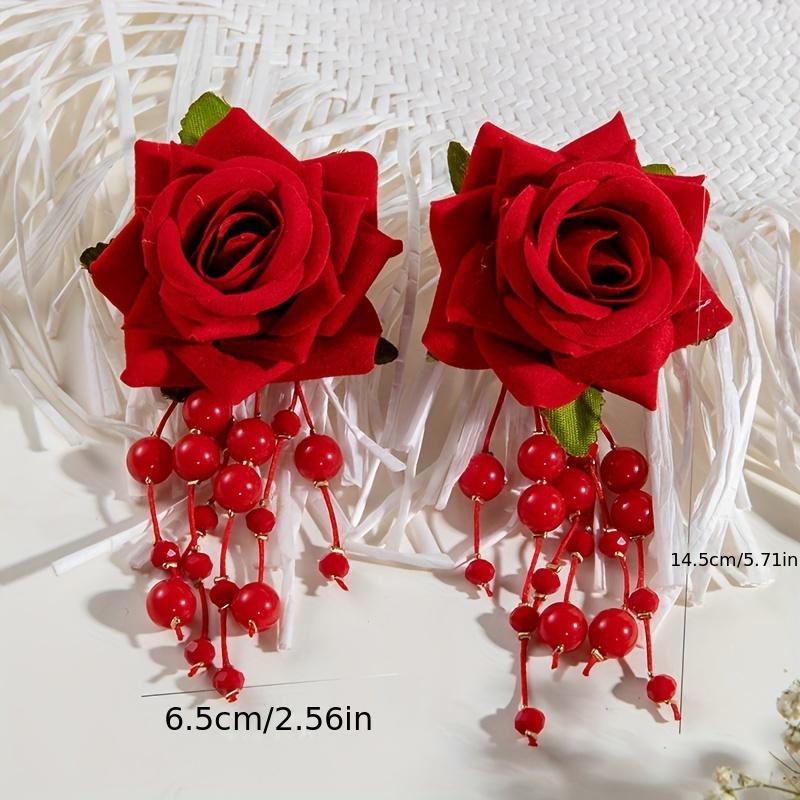 Винтажные серьги-подвески с красными розами и бисером - Полиэфирное волокно, Идеально для вечеринок и подарков