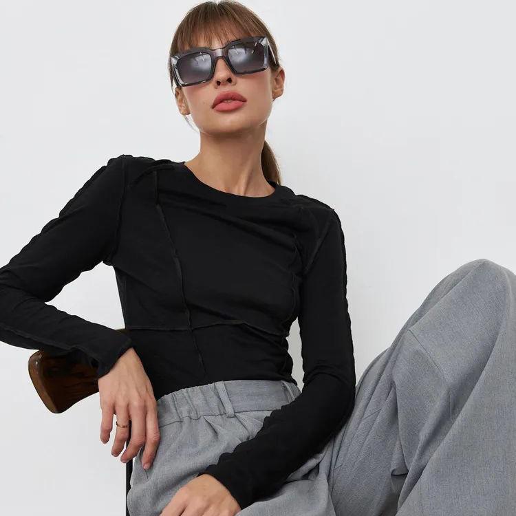 Летняя женская футболка с длинным рукавом и круглым вырезом с принтом