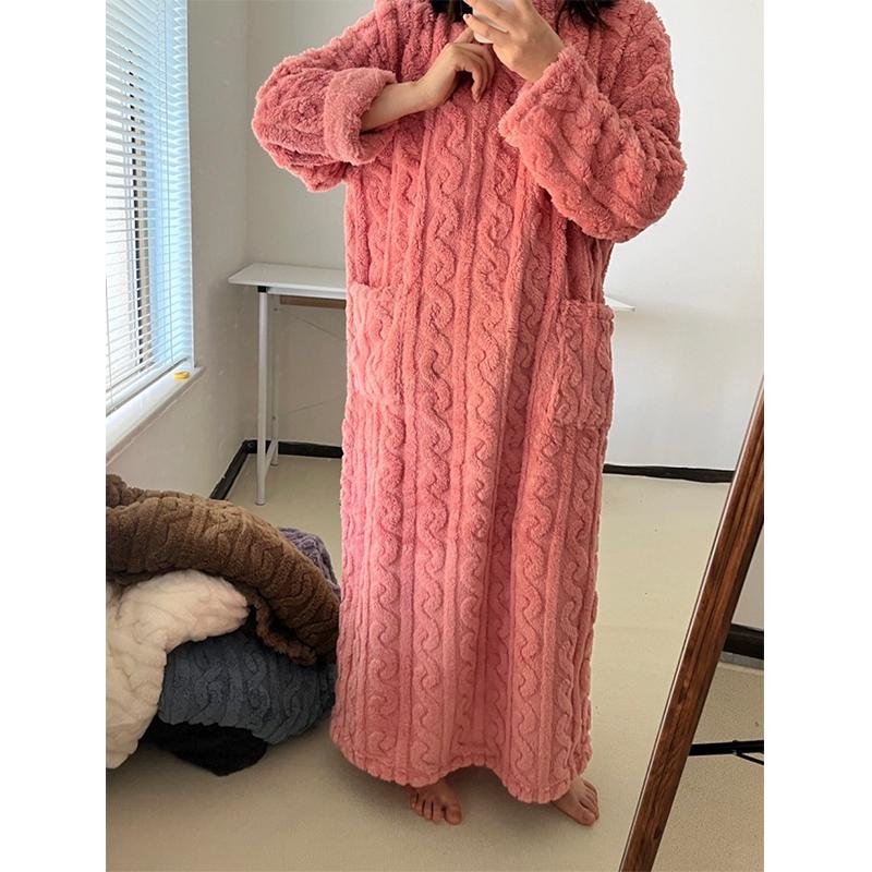 Warm And Thick Home Pajamas In Winter Coral Velvet Jacquard Nightgown Solid Color Home Dress Nightdress Casual And Simple