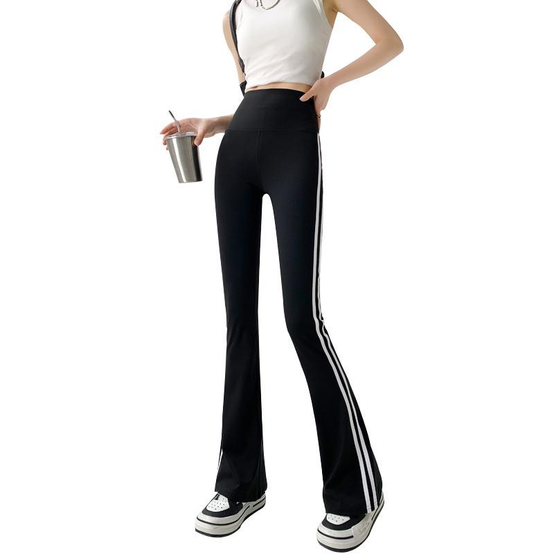 Black flared shark pants for women, high-waisted slimming striped pants with pockets, loose and stylish spring/autumn bell-bottom pants