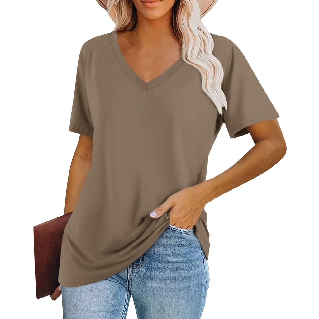 Women's Fashion V-Neck Classic Loose Solid Color Casual Short Sleeve T-Shirt